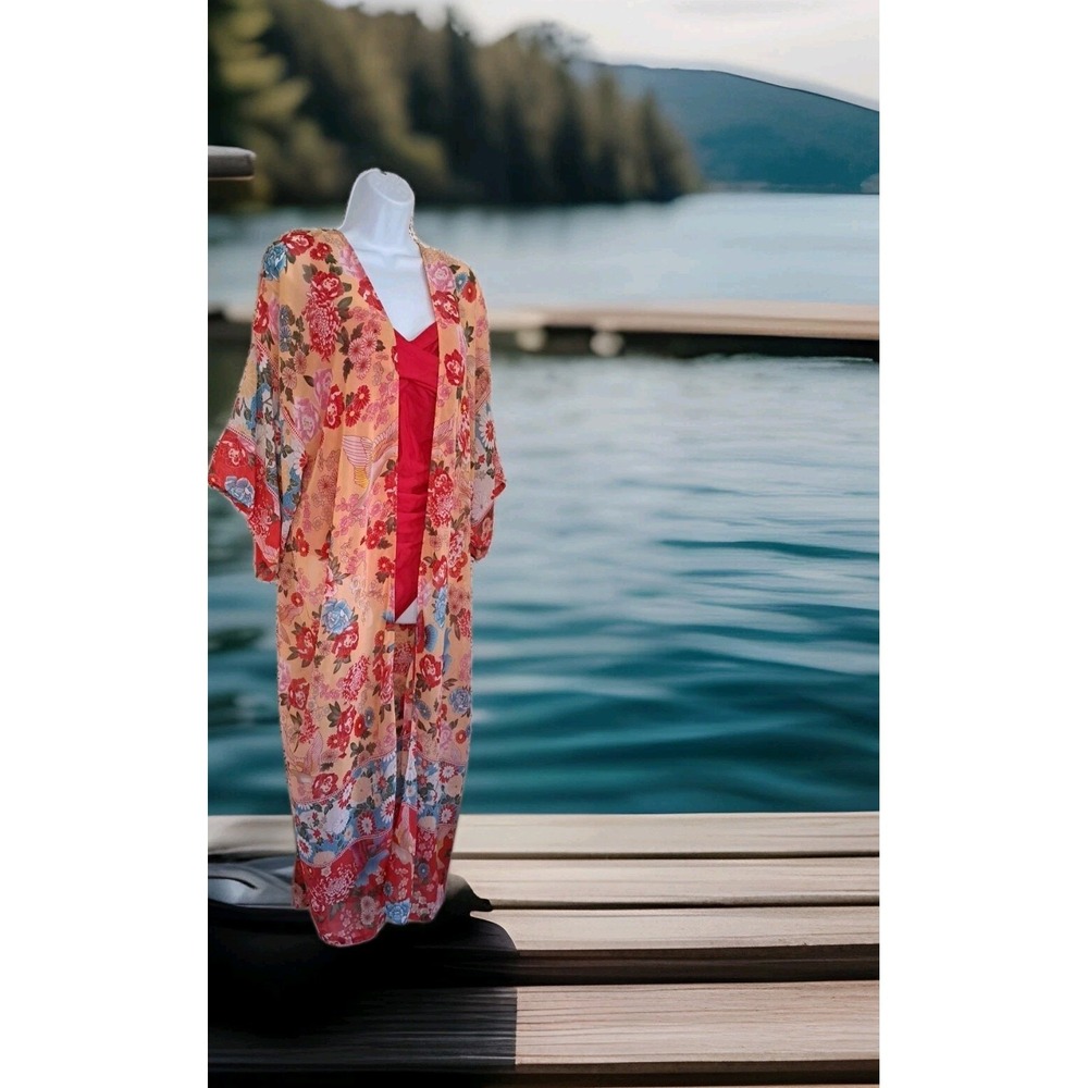 Swim Suit Cover Up Sheer One Size Floral Geometric Longer Boho Art To Wear Flowy